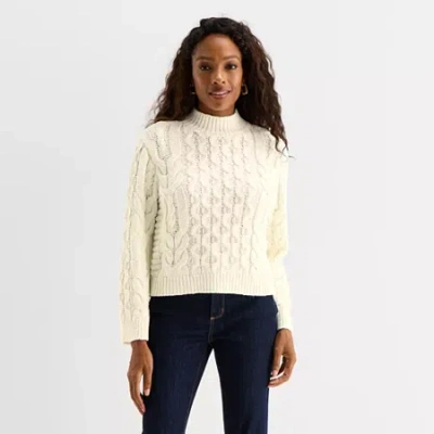 St. John's Bay Petite Womens Mock Neck Long Sleeve Pullover Sweater In White