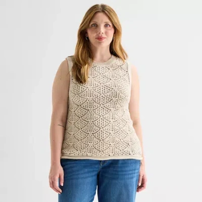 St. John's Bay Plus Sl Open Stitch Swtr Womens Crew Neck Sleeveless Pullover Sweater In Multi
