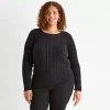 St. John's Bay Plus Womens Crew Neck Long Sleeve Cable Knit Pullover Sweater In Black