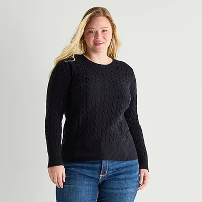St. John's Bay Plus Womens Crew Neck Long Sleeve Cable Knit Pullover Sweater In Black