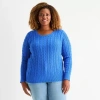 St. John's Bay Plus Womens Crew Neck Long Sleeve Cable Knit Pullover Sweater In Blue