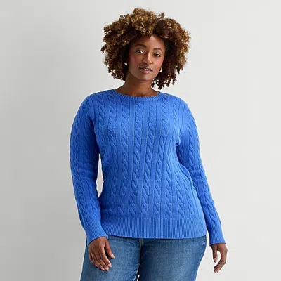 St. John's Bay Plus Womens Crew Neck Long Sleeve Cable Knit Pullover Sweater In Blue