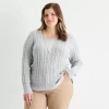 St. John's Bay Plus Womens Crew Neck Long Sleeve Cable Knit Pullover Sweater In Gray