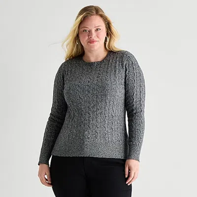 St. John's Bay Plus Womens Crew Neck Long Sleeve Cable Knit Pullover Sweater In Gray