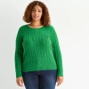 St. John's Bay Plus Womens Crew Neck Long Sleeve Cable Knit Pullover Sweater In Green
