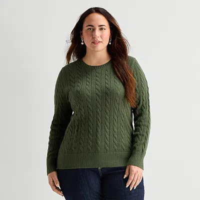 St. John's Bay Plus Womens Crew Neck Long Sleeve Cable Knit Pullover Sweater In Green