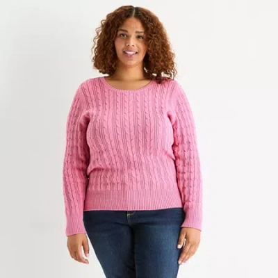 St. John's Bay Plus Womens Crew Neck Long Sleeve Cable Knit Pullover Sweater In Pink