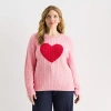 St. John's Bay Plus Womens Crew Neck Long Sleeve Cable Knit Pullover Sweater In Pink