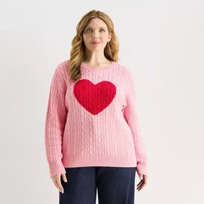 St. John's Bay Plus Womens Crew Neck Long Sleeve Cable Knit Pullover Sweater In Pink