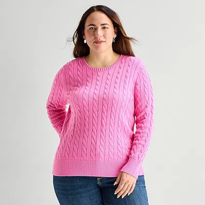 St. John's Bay Plus Womens Crew Neck Long Sleeve Cable Knit Pullover Sweater In Pink