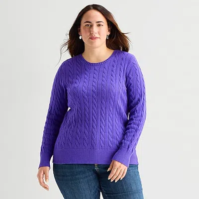 St. John's Bay Plus Womens Crew Neck Long Sleeve Cable Knit Pullover Sweater In Purple