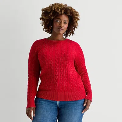 St. John's Bay Plus Womens Crew Neck Long Sleeve Cable Knit Pullover Sweater In Red