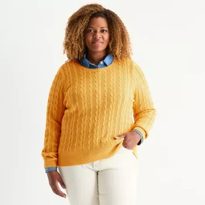 St. John's Bay Plus Womens Crew Neck Long Sleeve Cable Knit Pullover Sweater In Yellow
