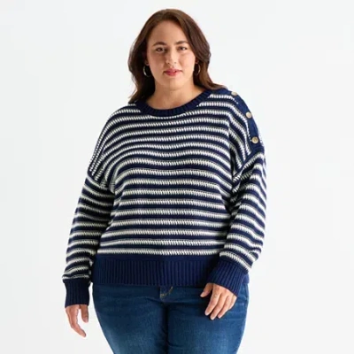 St. John's Bay Plus Womens Crew Neck Long Sleeve Pullover Sweater In Blue