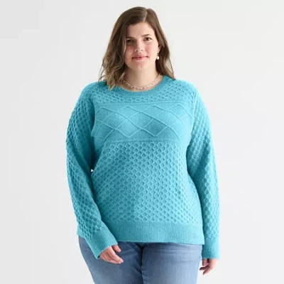 St. John's Bay Plus Womens Crew Neck Long Sleeve Pullover Sweater In Blue