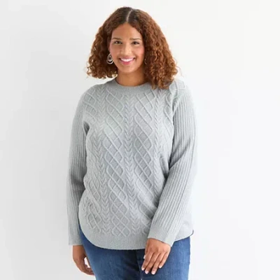St. John's Bay Plus Womens Crew Neck Long Sleeve Pullover Sweater In Gray