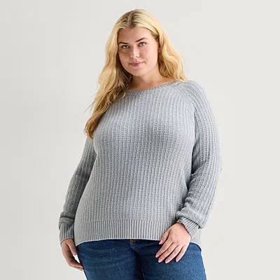 St. John's Bay Plus Womens Crew Neck Long Sleeve Pullover Sweater In Gray