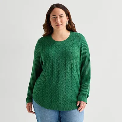 St. John's Bay Plus Womens Crew Neck Long Sleeve Pullover Sweater In Green