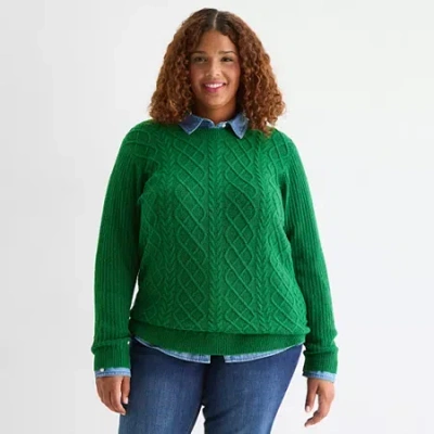 St. John's Bay Plus Womens Crew Neck Long Sleeve Pullover Sweater In Green