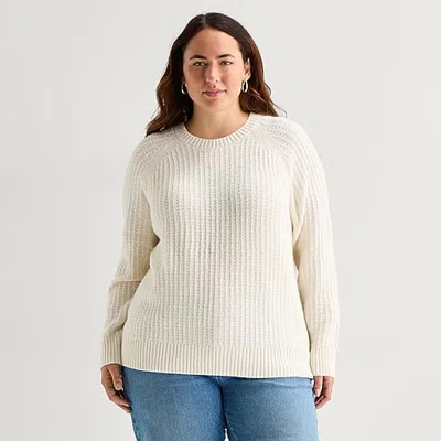 St. John's Bay Plus Womens Crew Neck Long Sleeve Pullover Sweater In White