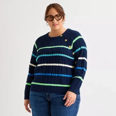 St. John's Bay Plus Womens Crew Neck Long Sleeve Striped Cable Knit Pullover Sweater In Blue