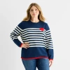 St. John's Bay Plus Womens Crew Neck Long Sleeve Striped Cable Knit Pullover Sweater In Multi