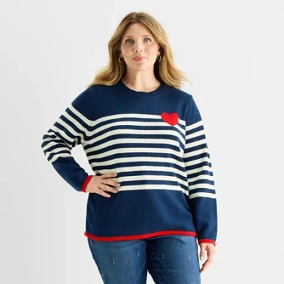 St. John's Bay Plus Womens Crew Neck Long Sleeve Striped Cable Knit Pullover Sweater In Blue