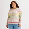 St. John's Bay Plus Womens Crew Neck Long Sleeve Striped Cable Knit Pullover Sweater In Multi