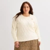 St. John's Bay Plus Womens Crew Neck Long Sleeve Striped Cable Knit Pullover Sweater In White