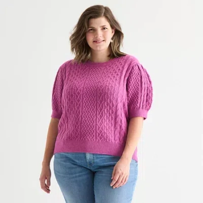 St. John's Bay Plus Womens Crew Neck Short Sleeve Cable Knit Pullover Sweater In Pink