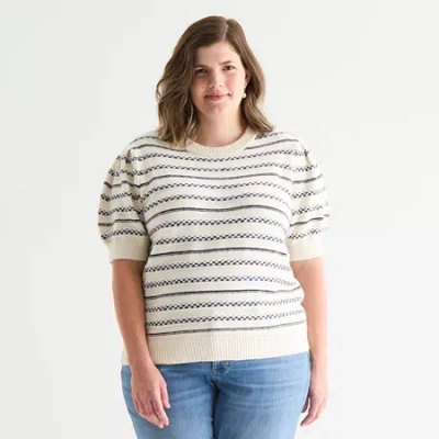 St. John's Bay Plus Womens Crew Neck Short Sleeve Cable Knit Pullover Sweater In White