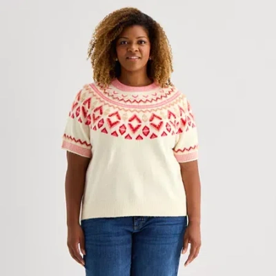St. John's Bay Plus Womens Crew Neck Short Sleeve Pullover Sweater In White