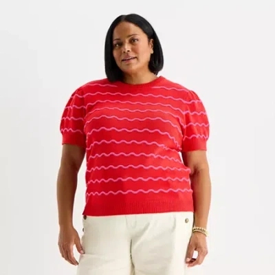 St. John's Bay Plus Womens Crew Neck Short Sleeve Striped Pullover Sweater In Red