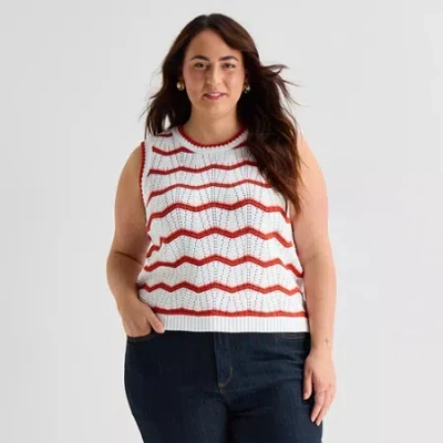 St. John's Bay Plus Womens Crew Neck Sleeveless Chevron Pullover Sweater In White