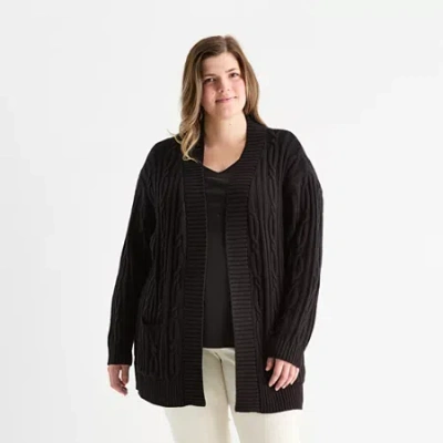St. John's Bay Plus Womens Long Sleeve Cable Knit Cardigan In Black