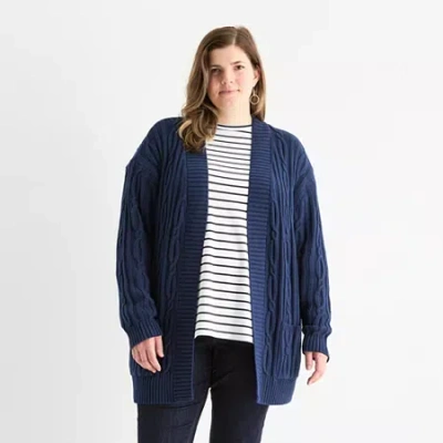 St. John's Bay Plus Womens Long Sleeve Cable Knit Cardigan In Blue