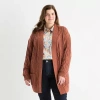 St. John's Bay Plus Womens Long Sleeve Cable Knit Cardigan In Brown