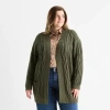 St. John's Bay Plus Womens Long Sleeve Cable Knit Cardigan In Green