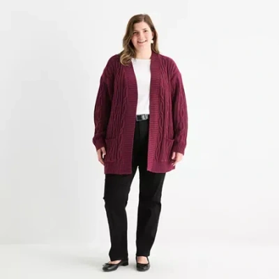 St. John's Bay Plus Womens Long Sleeve Cable Knit Cardigan In Red