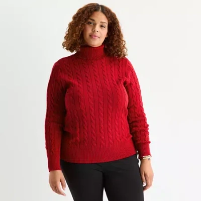 St. John's Bay Plus Womens Turtleneck Long Sleeve Cable Knit Pullover Sweater In Red