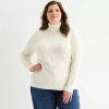 St. John's Bay Plus Womens Turtleneck Long Sleeve Cable Knit Pullover Sweater In White