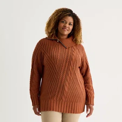 St. John's Bay Plus Womens Turtleneck Long Sleeve Pullover Sweater In Brown