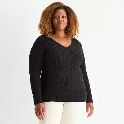 St. John's Bay Plus Womens V Neck Long Sleeve Cable Knit Pullover Sweater In Black
