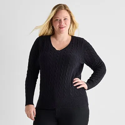 St. John's Bay Plus Womens V Neck Long Sleeve Cable Knit Pullover Sweater In Black