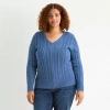 St. John's Bay Plus Womens V Neck Long Sleeve Cable Knit Pullover Sweater In Blue