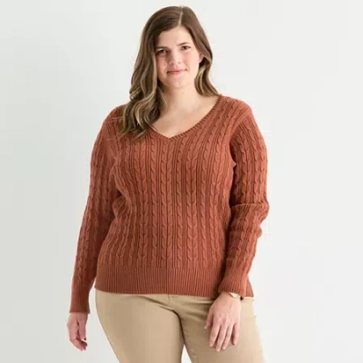 St. John's Bay Plus Womens V Neck Long Sleeve Cable Knit Pullover Sweater In Brown