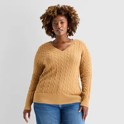 St. John's Bay Plus Womens V Neck Long Sleeve Cable Knit Pullover Sweater In Brown