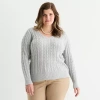 St. John's Bay Plus Womens V Neck Long Sleeve Cable Knit Pullover Sweater In Gray