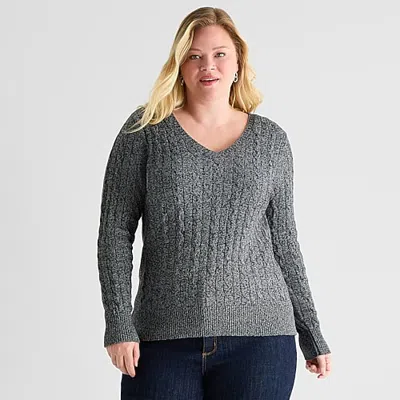 St. John's Bay Plus Womens V Neck Long Sleeve Cable Knit Pullover Sweater In Gray