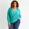 St. John's Bay Plus Womens V Neck Long Sleeve Cable Knit Pullover Sweater In Green